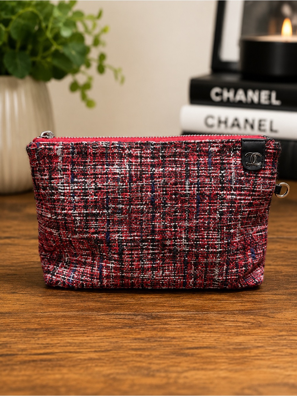 CC  Tweed Red Zip cosmetic pouch